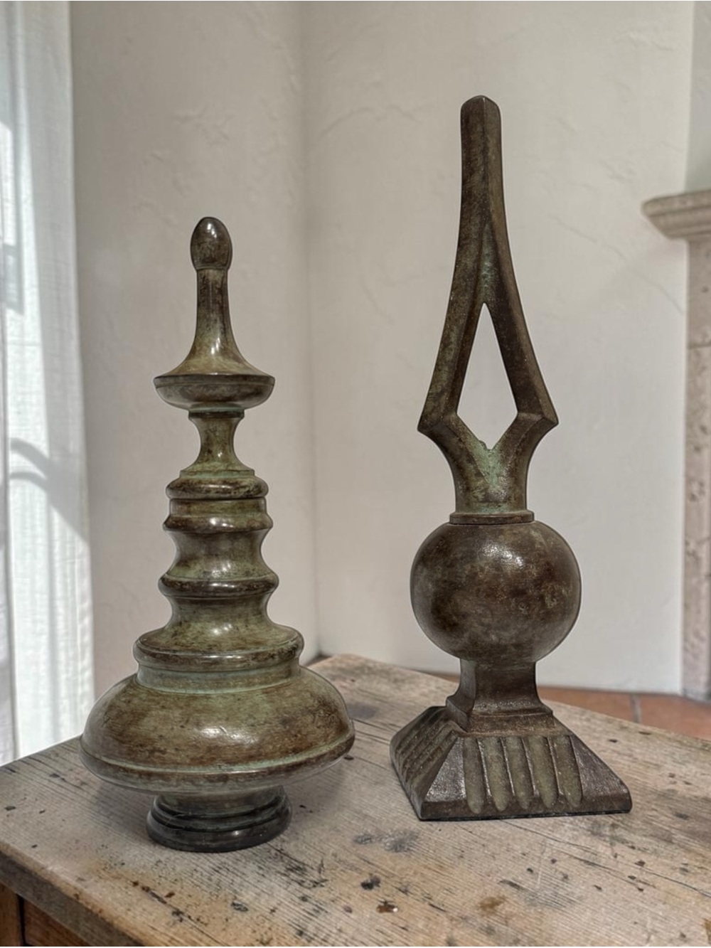 Vintage Bronze-Green Decorative Finial Pair Heavy Sculptural Mantel Accents - Picture 3 of 15